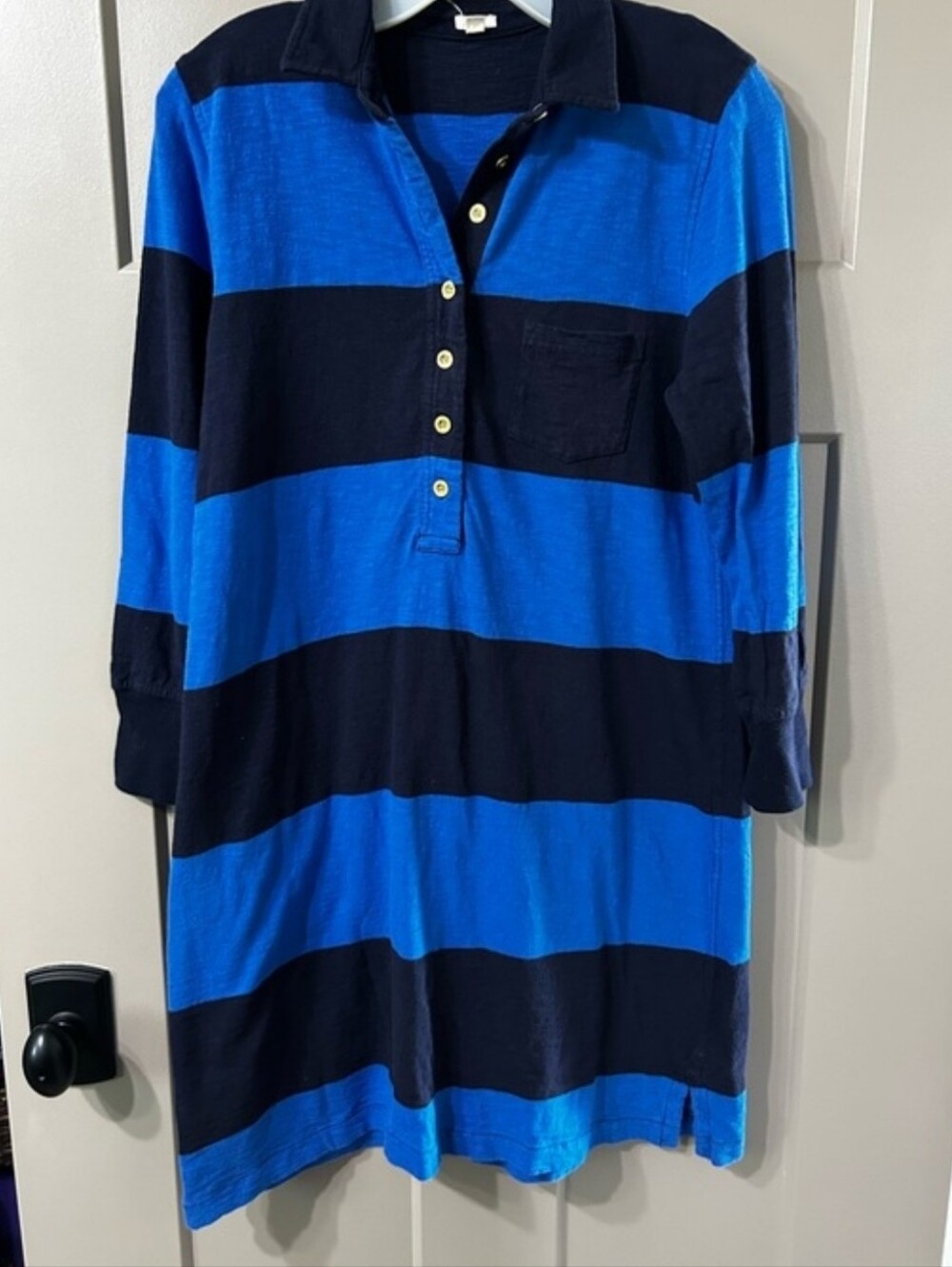 J. Crew  Rugby-Striped Polo dress Bright Blue and Navy gold buttons 💯 cotton